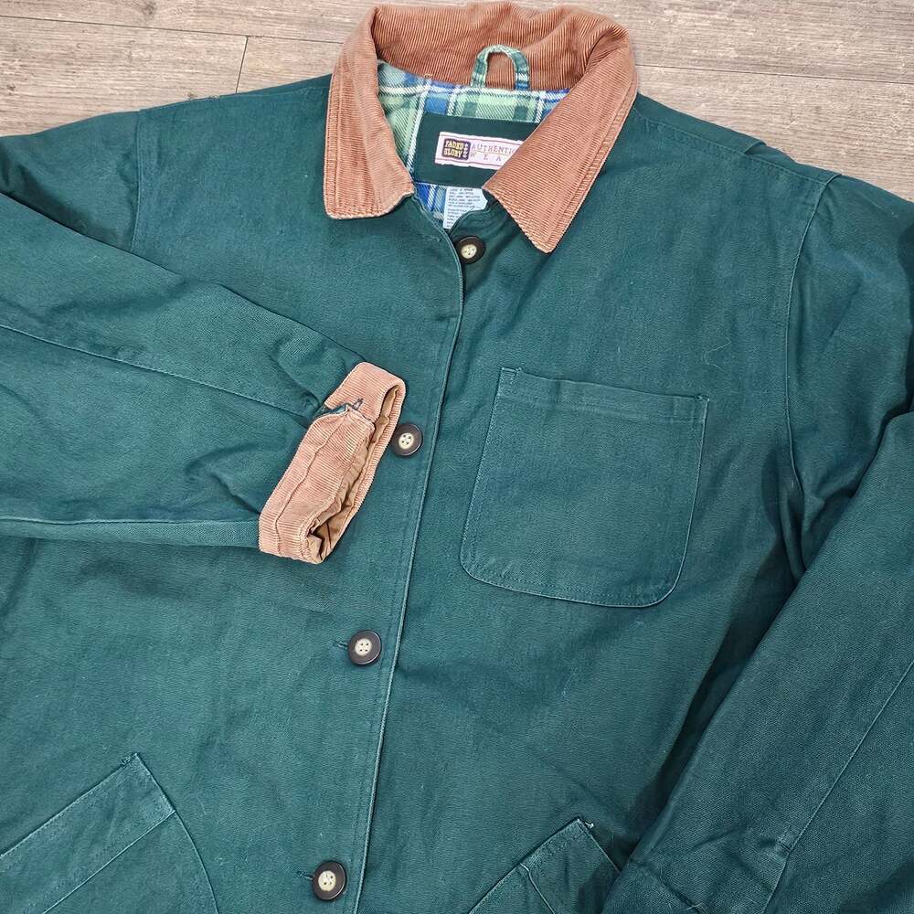 Vintage 90s Faded Glory Canvas Barn Jacket Green Chore Coat Plaid Lined woman M